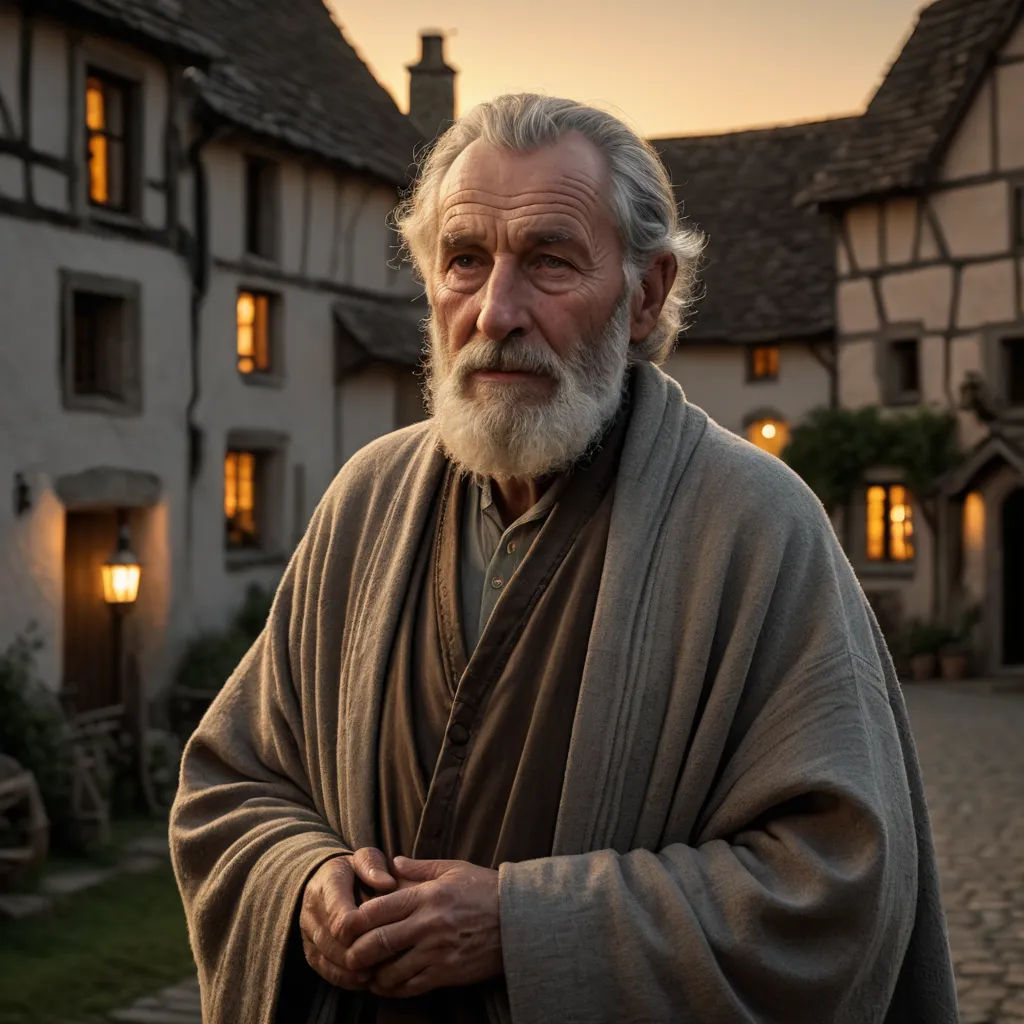 a man with a white beard and a long white beard standing in front of a house at sunset with his arms crossed, arts and crafts movement, a character portrait, David Annand, movie still