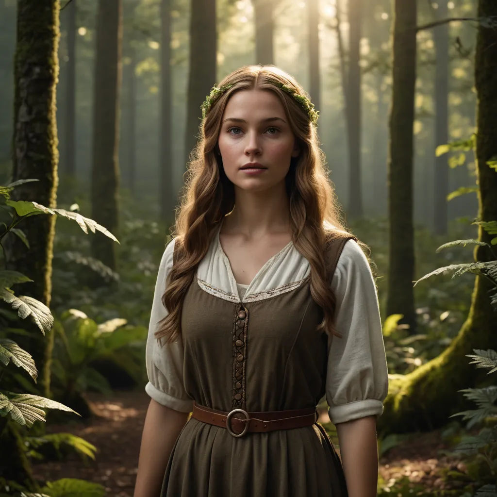a woman in a forest with a forest background and sunlight shining through the trees and leaves on her head, german romanticism, a character portrait, Anna Maria Barbara Abesch, promotional image