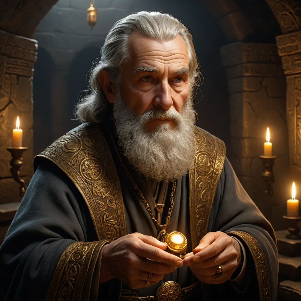 a painting of a man with a beard and a beard wearing a robe and holding a golden object in his hands, fantasy art, computer graphics, Artur Tarnowski, unreal engine render