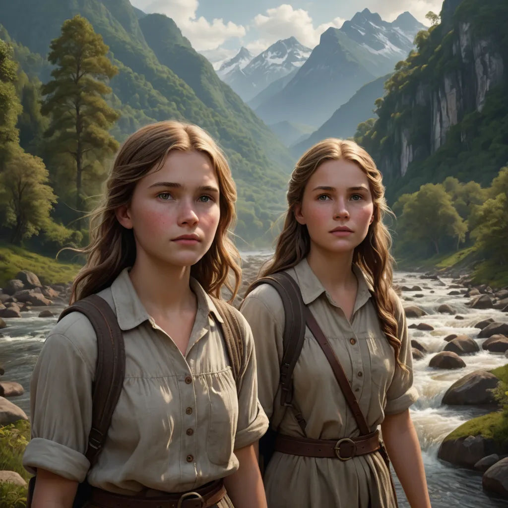 two girls standing next to each other in front of a mountain stream and a valley with a mountain range in the background, photorealism, a detailed matte painting, Brothers Hildebrandt, photoreal