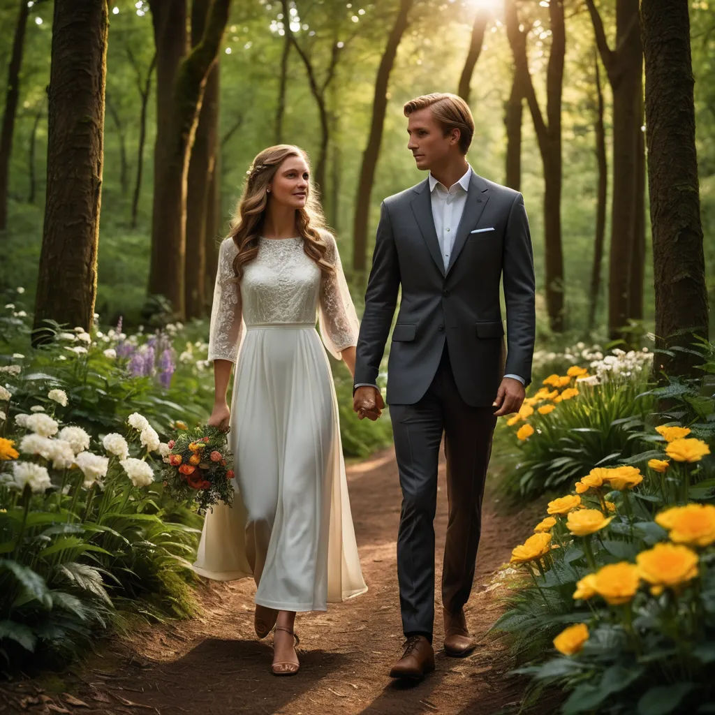 a man and a woman walking through a forest holding hands and looking at each other with a smile on their faces, neo-romanticism, a stock photo, Christian Hilfgott Brand, promotional image