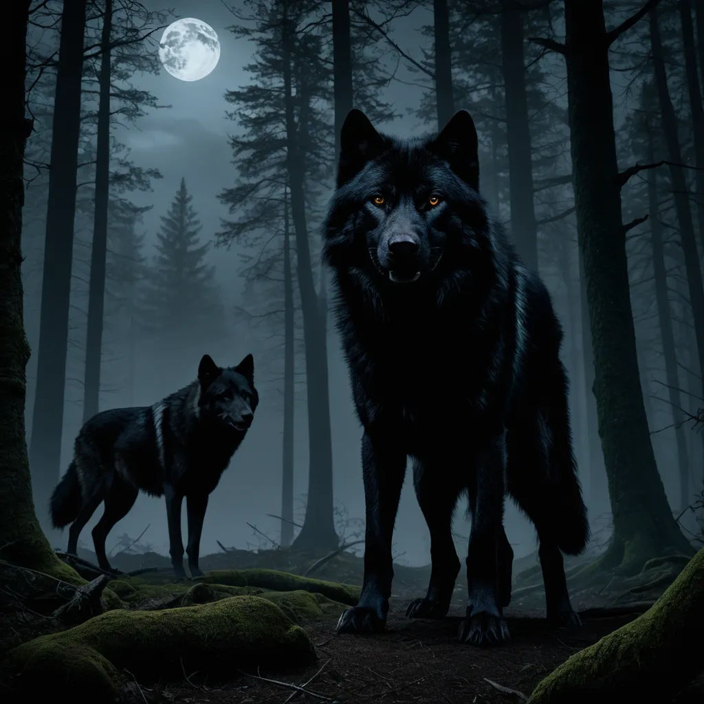 two black wolfs standing in a forest at night with the moon in the background and trees in the foreground, gothic art, concept art, Caspar Wolf, dark background