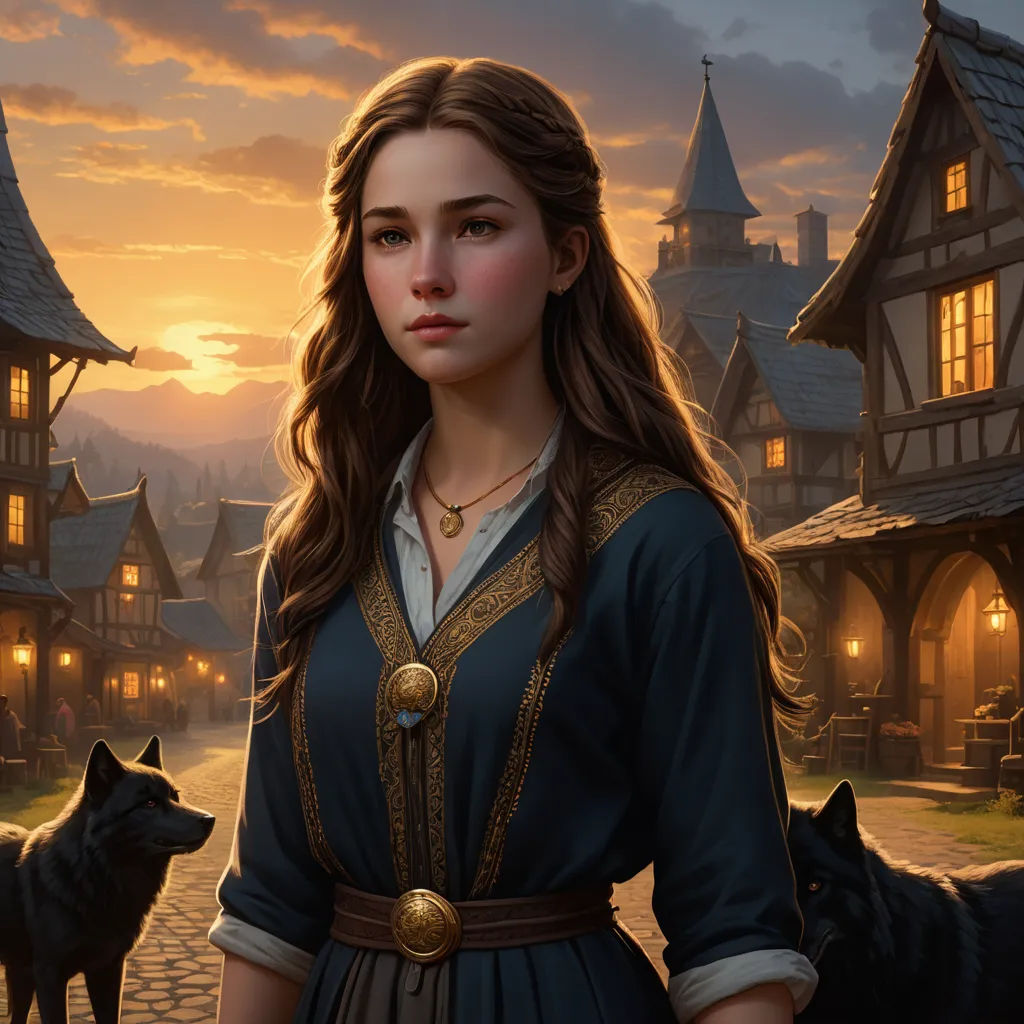 a woman in a blue dress standing in front of a wolf and a house at sunset with a wolf nearby, fantasy art, a character portrait, Clint Cearley, kinkade
