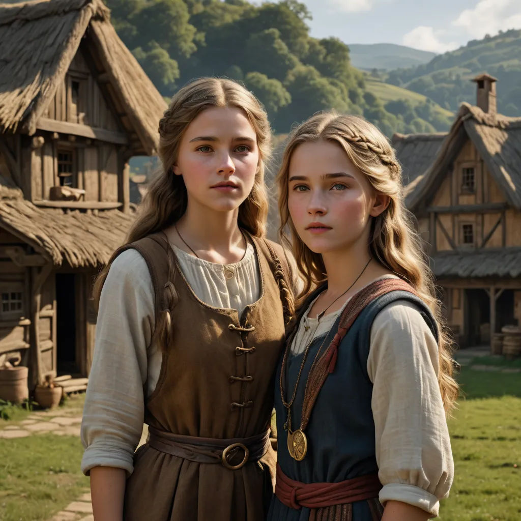 two girls standing in front of a house with a mountain in the background and a green field in front of them, antipodeans, a detailed matte painting, Anne Said, promotional image