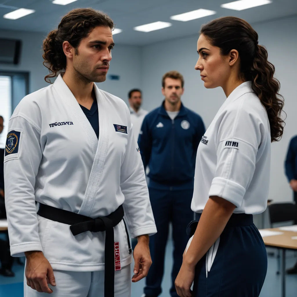 a man and a woman in karate uniforms standing in a room with other people in the background looking at each other, tachisme, a poster, Daniel Gelon, promotional image