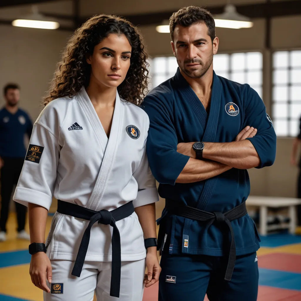 a man and a woman standing in a gym with their arms crossed and their arms crossed, with a man in a blue shirt and white suit, tachisme, a poster, Ayshia Taşkın, promotional image
