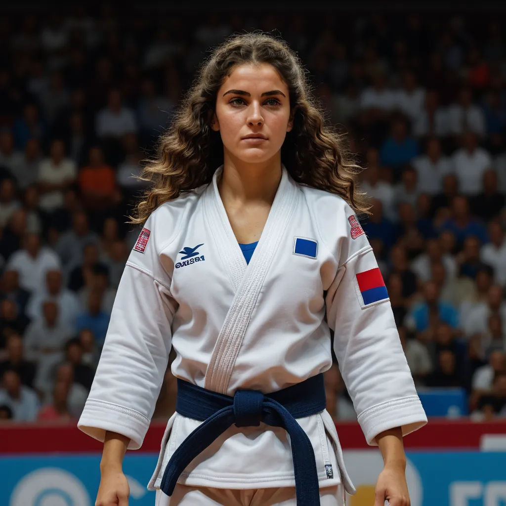 a woman in a white kimono standing in front of a crowd of people in a stadium with a blue belt, figuration libre, a character portrait, Elina Karimova, portrait photography