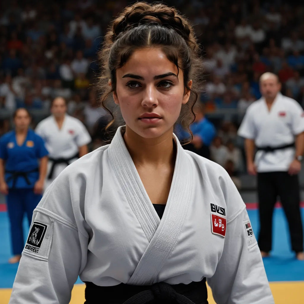 a woman in a kimono standing in front of a crowd of people in a stadium with a black belt, viennese actionism, a character portrait, Ayshia Taşkın, promotional image