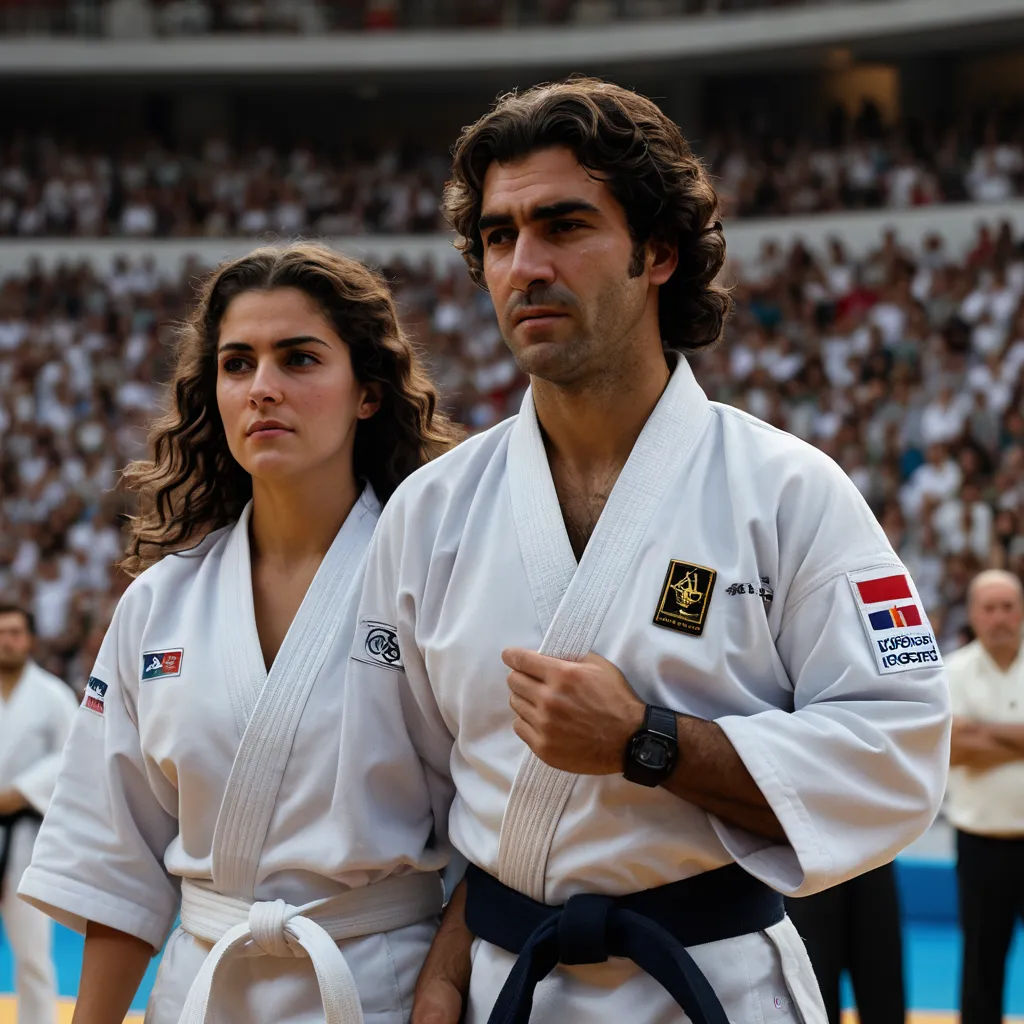 a man and a woman standing next to each other in a stadium with a crowd of people watching them, hyperrealism, a poster, david rubín, promotional image