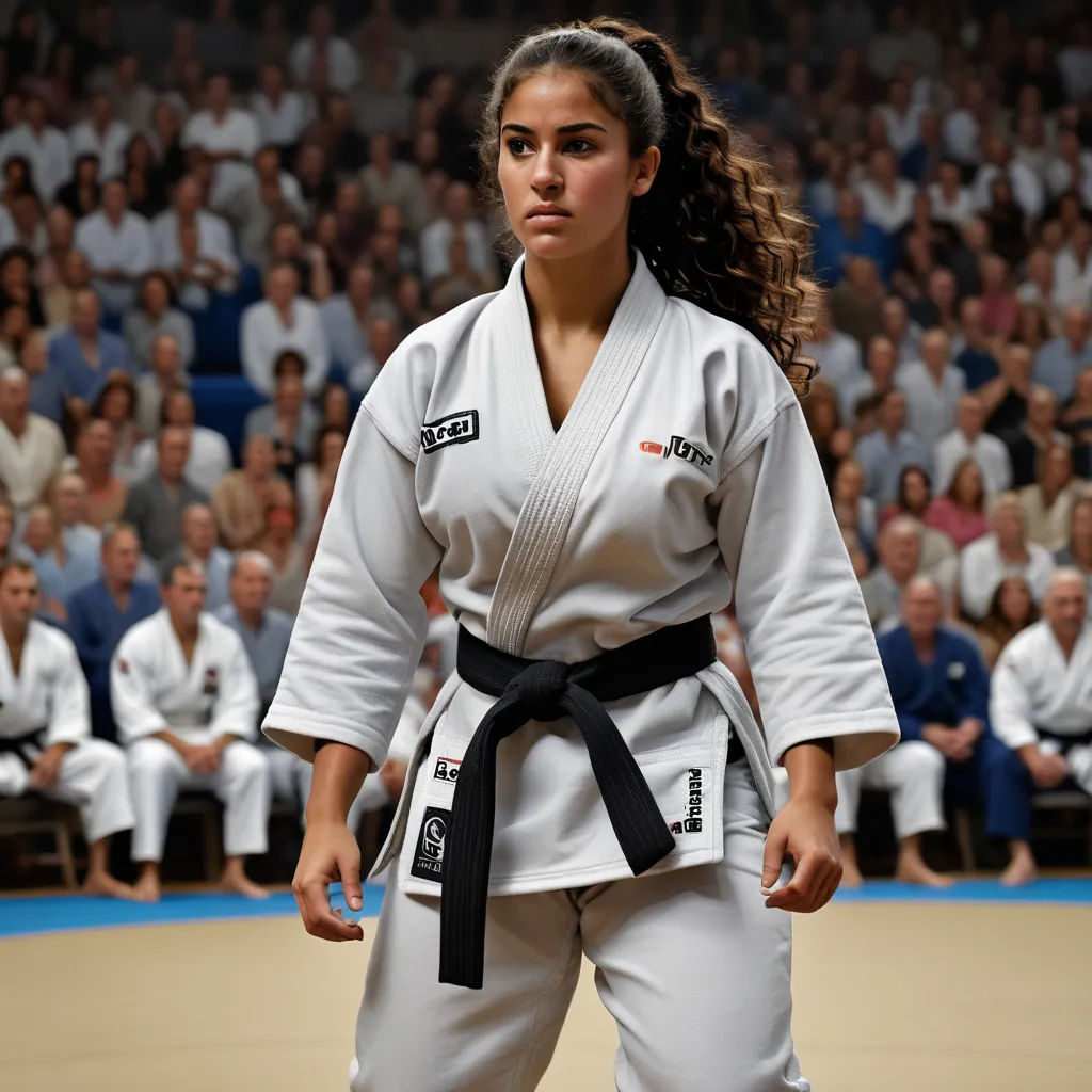 a woman in a white kimono standing in front of a crowd of people in a stadium with a black belt, dau-al-set, a character portrait, Ayshia Taşkın, promotional image