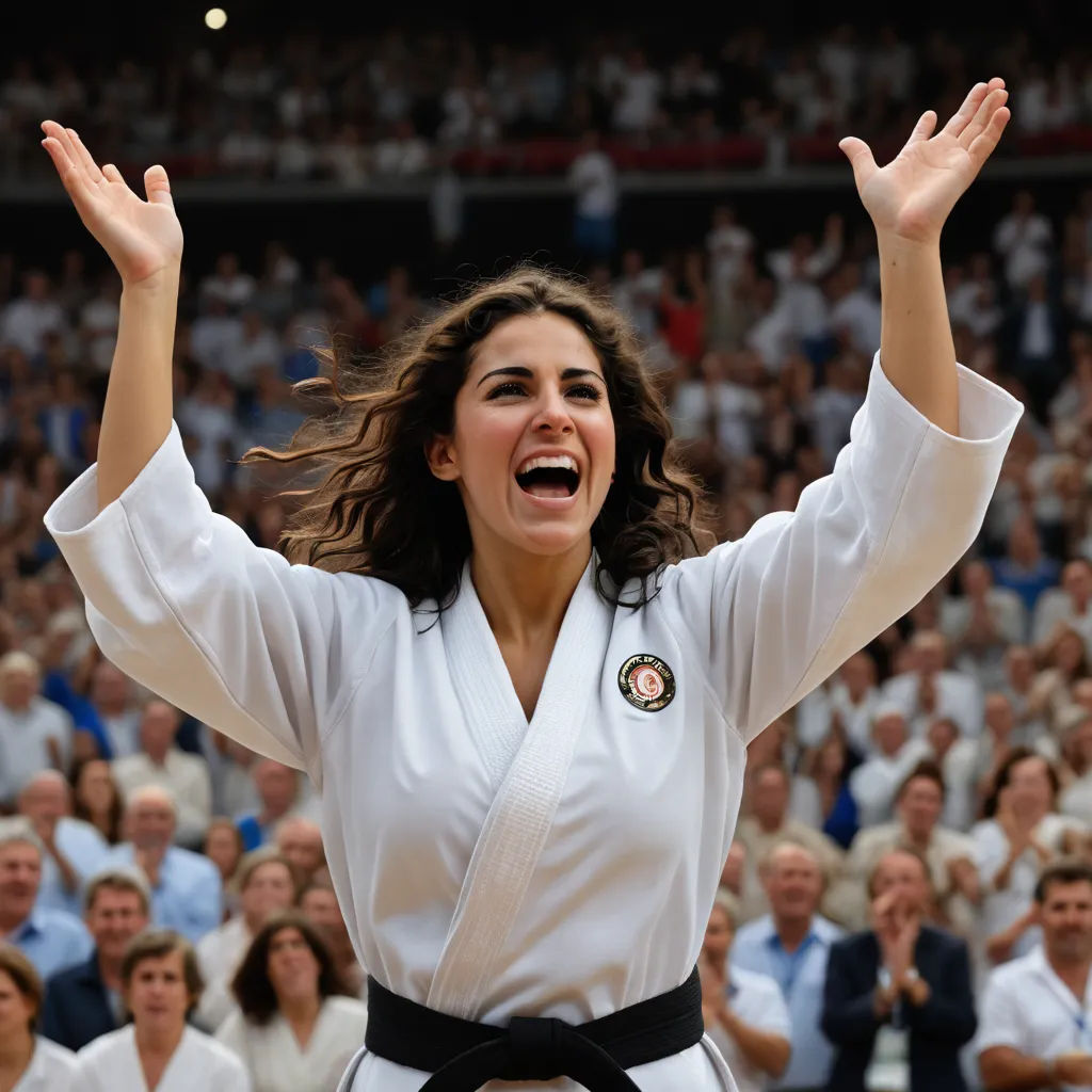 a woman in a white kimono is cheering in front of a crowd of people in a gym with their arms in the air, figuration libre, a character portrait, Ayshia Taşkın, promotional image