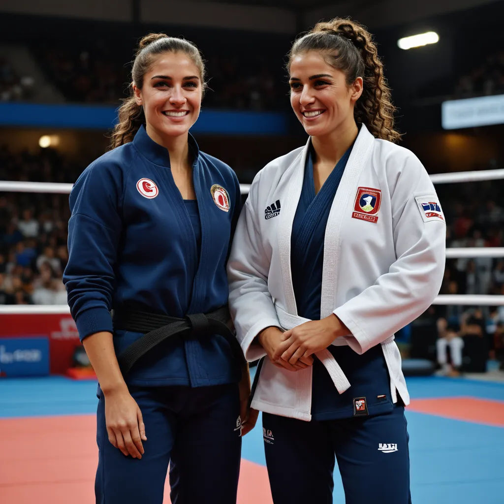 two women standing next to each other in a gym area with a crowd watching them from the stands and a blue and white court, les nabis, a photo, Florence Engelbach, japan