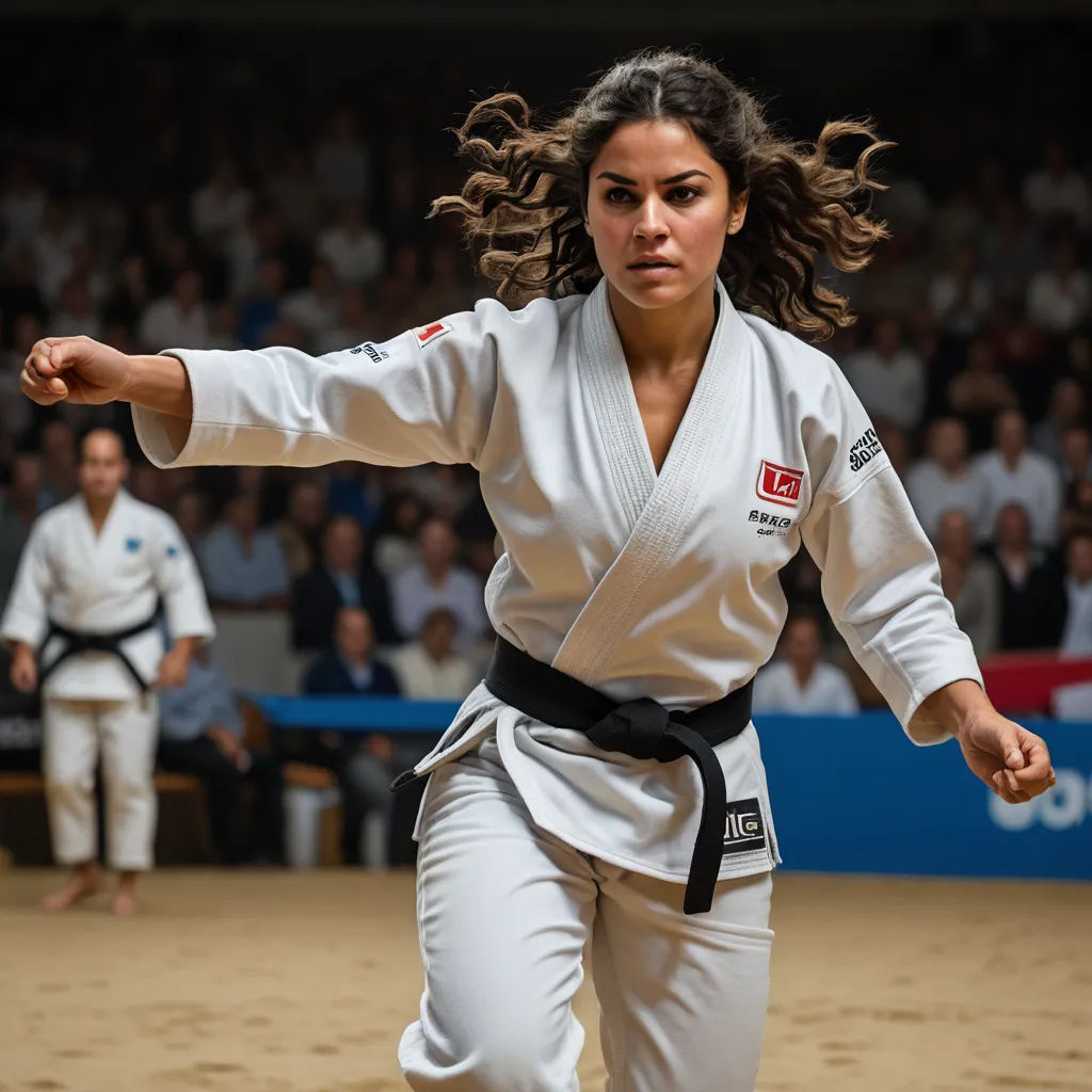 a woman in a white kimono is in a karate match with a crowd watching her and a man in a black belt, action painting, a poster, Florence Engelbach, promotional image