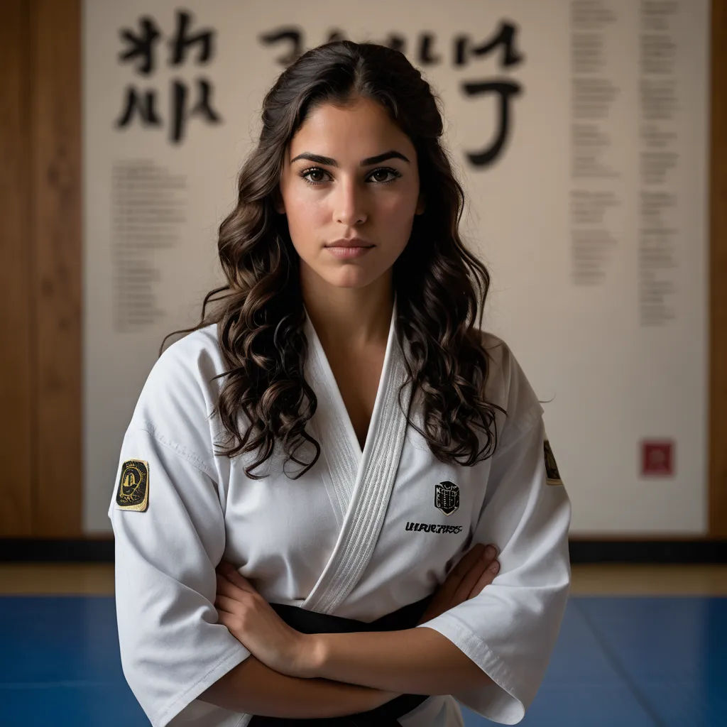 a woman in a karate uniform posing for a picture with her arms crossed and her arms crossed behind her, arabesque, a character portrait, Ayshia Taşkın, promotional image
