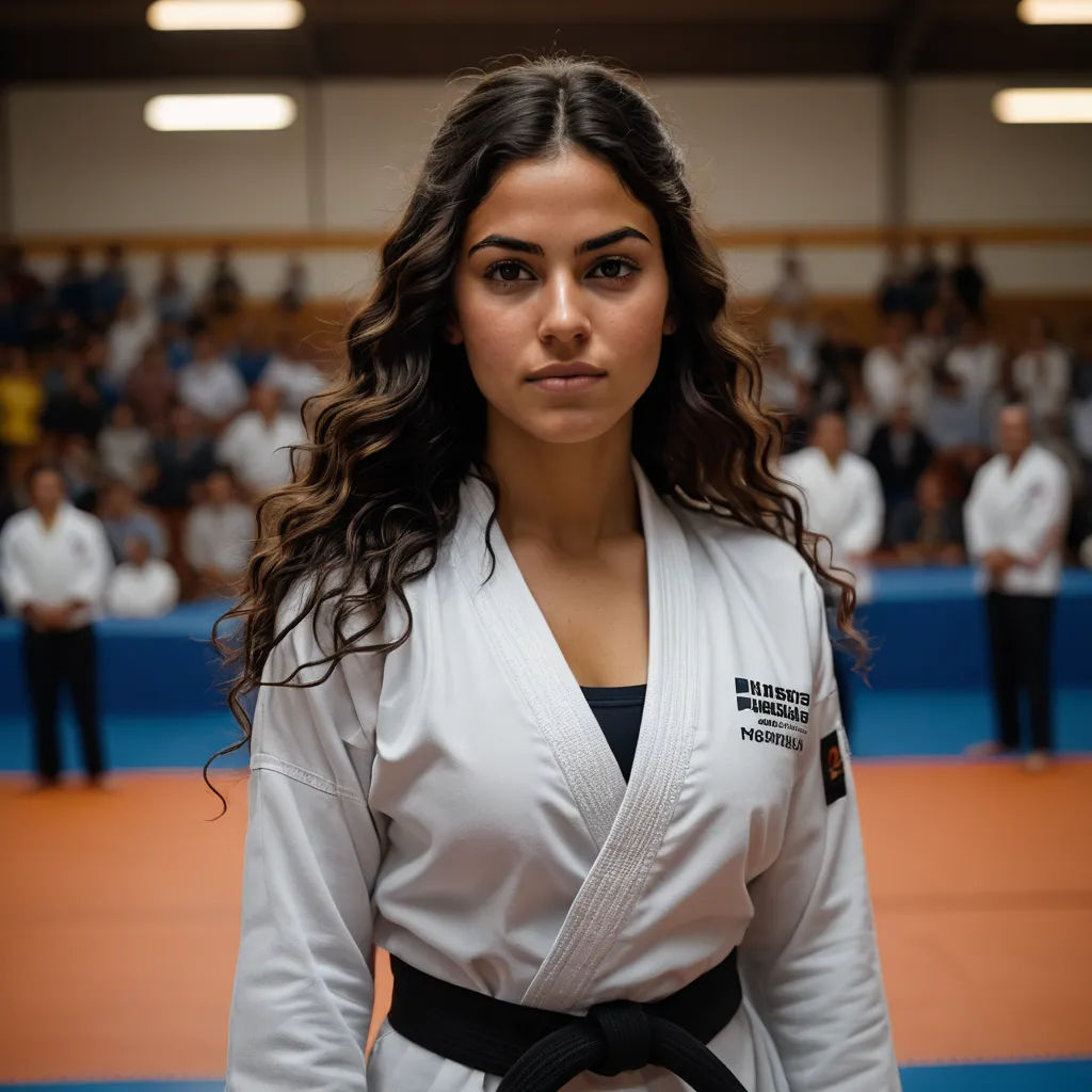 a woman in a white kimono standing in a gym with a black belt on her waist and a crowd of people in the background, dau-al-set, a character portrait, Ayshia Taşkın, promotional image