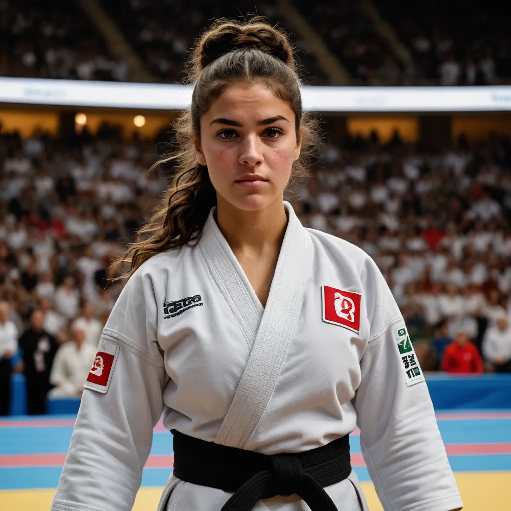 a woman in a white kimono standing in front of a crowd of people in a stadium with a black belt, viennese actionism, a character portrait, Elina Karimova, focused