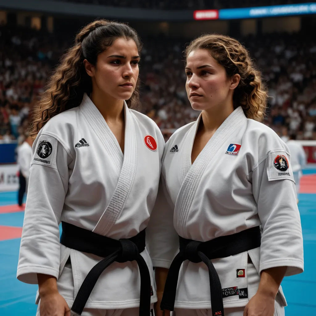 two women in white karate uniforms standing next to each other on a blue mat in a stadium with a crowd, les nabis, a poster, Charles Angrand, focused