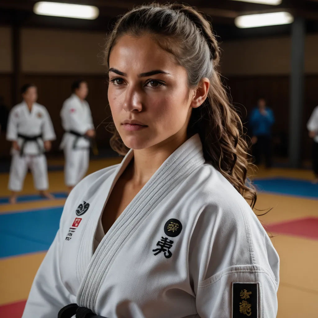 a woman in a karate uniform standing in a gym with others in the background and one woman in a black belt, mingei, a character portrait, Ayshia Taşkın, japan