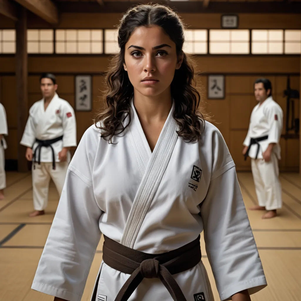 a woman in a kimono standing in a gym with others in the background wearing karate gear and holding a black belt, dau-al-set, a character portrait, Ayshia Taşkın, promotional image