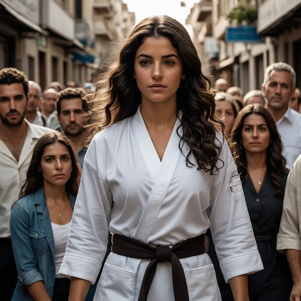 a woman in a white robe is standing in front of a group of people in a city street,, arabesque, a poster, Eva Gonzalès, promotional image