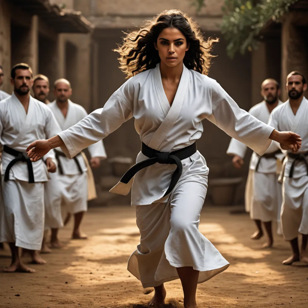 a woman in a white kimono is dancing with other men in white robes behind her in a courtyard, arabesque, a poster, Dai Jin, promotional image