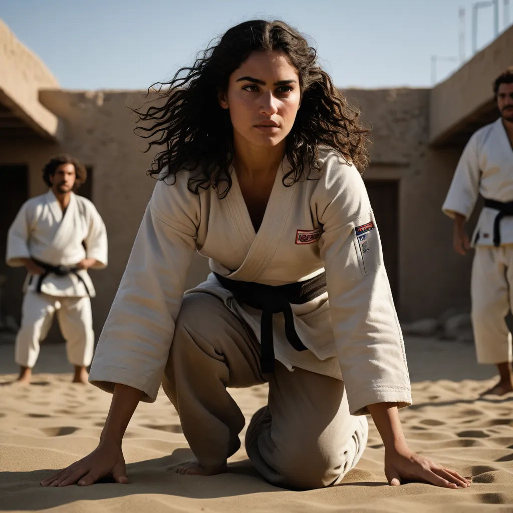 a woman kneeling down in the sand with two men in the background in karate uniforms and a woman in a kimono, feminist art, a poster, Ayshia Taşkın, promotional image