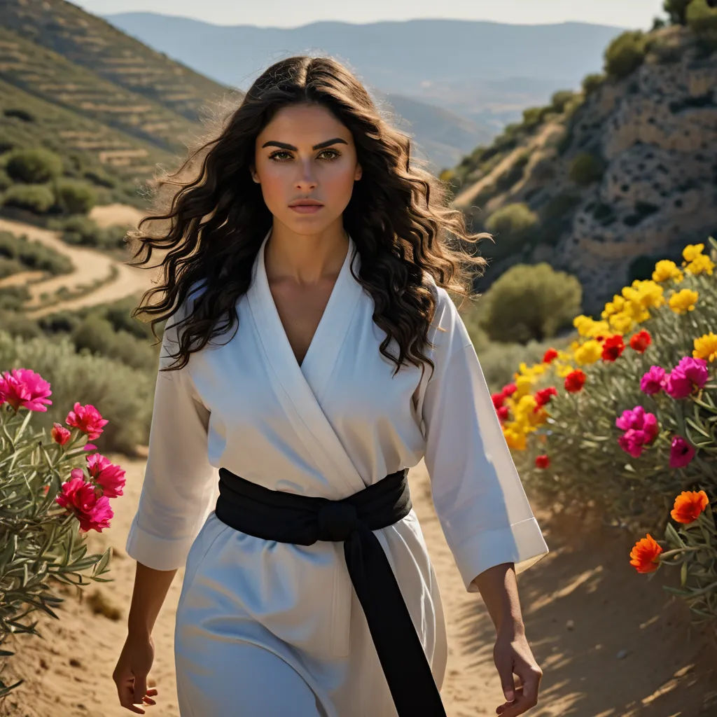 a woman walking down a dirt road with flowers in the background and hills in the distance with a sky background, aestheticism, a character portrait, Araceli Gilbert, promotional image