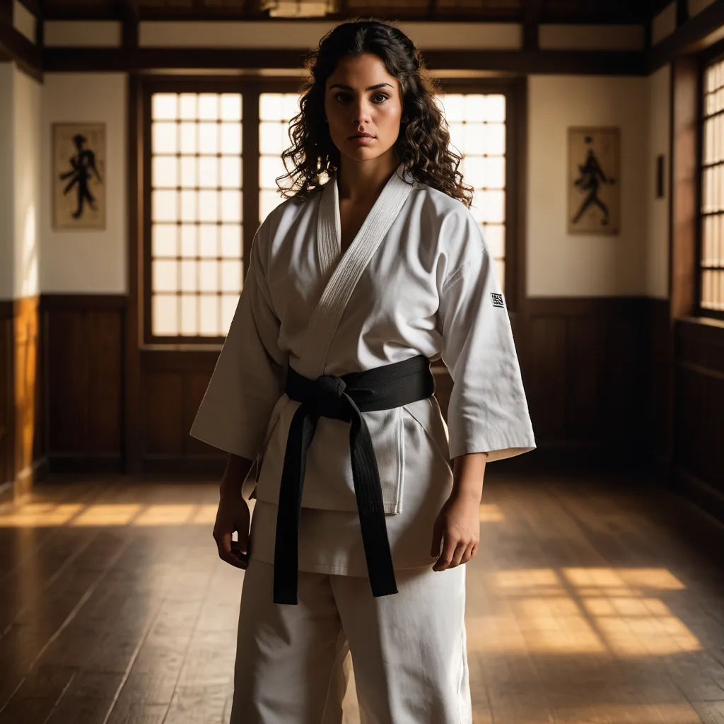 a woman in a white kimono standing in a room with wood floors and windows with a black belt, dau-al-set, a character portrait, Araceli Gilbert, movie still