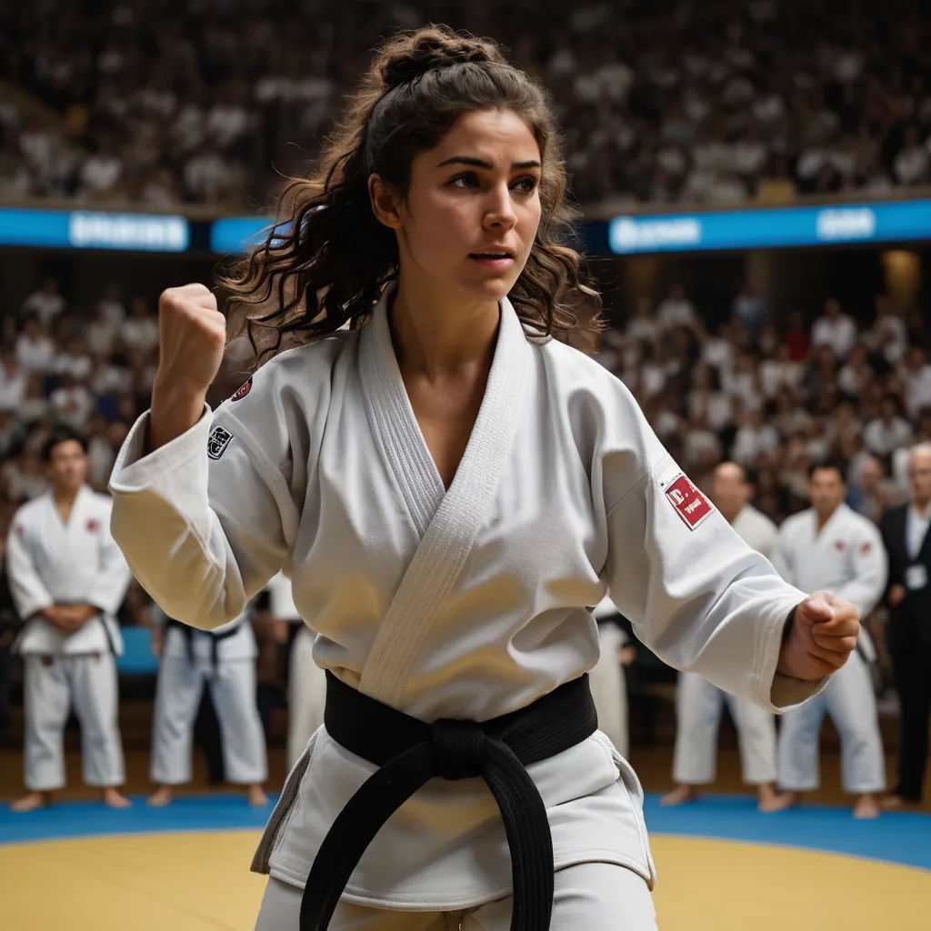 a woman in a white kimono is standing in front of a crowd of people in karate uniforms and holding a black belt, arabesque, a poster, Ayshia Taşkın, promotional image
