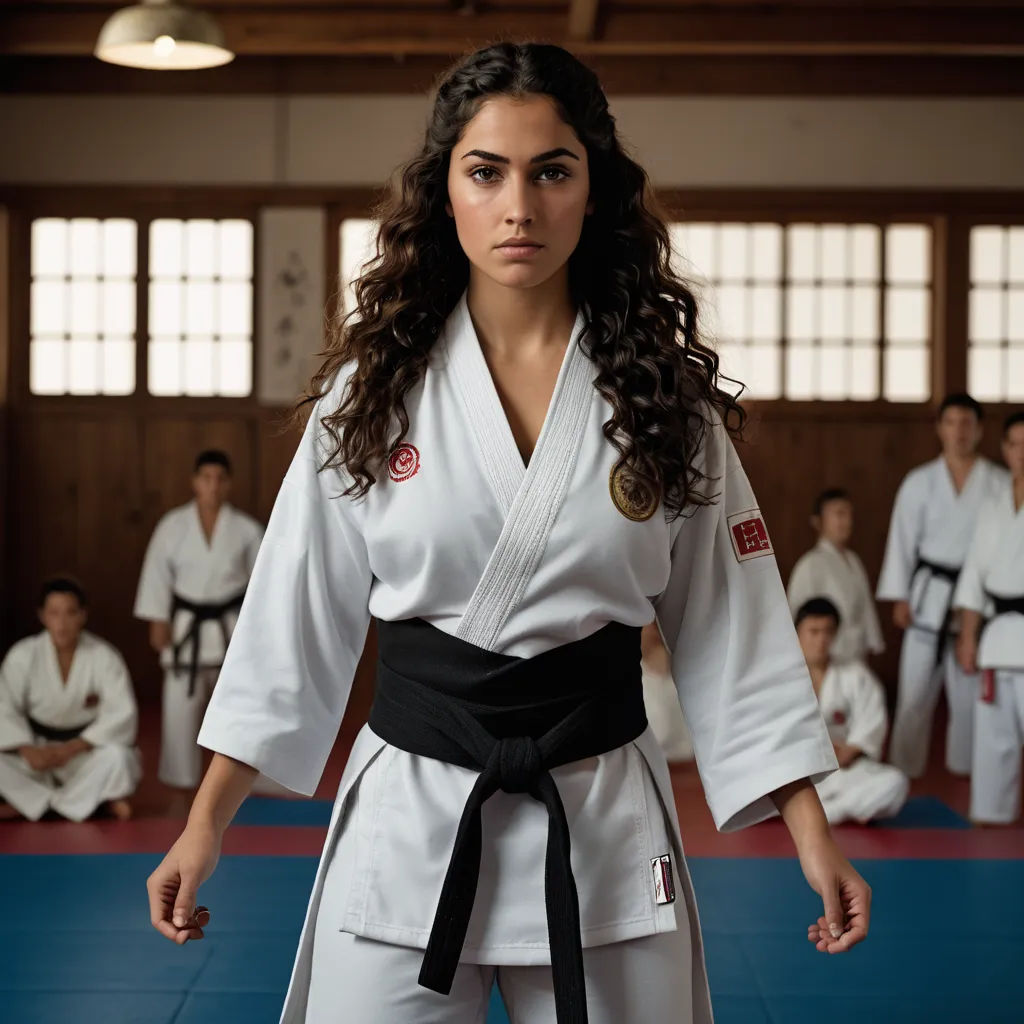 a woman in a karate uniform standing in a gym with others watching her in the background and a woman in a kimono, dau-al-set, a character portrait, Ayshia Taşkın, promotional image