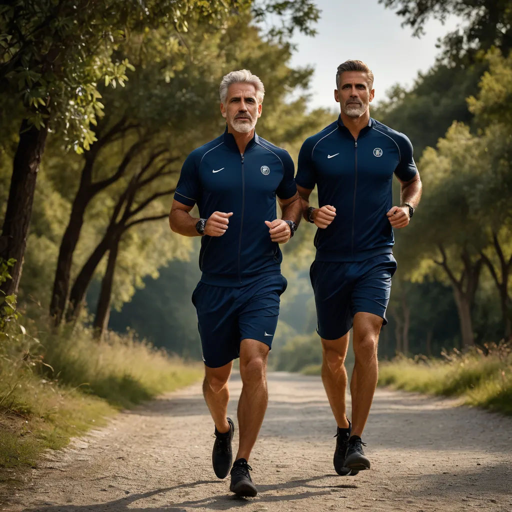 two men running down a dirt road in the woods together, both wearing blue shorts and black shoes,, private press, a stock photo, Christian Hilfgott Brand, promotional image
