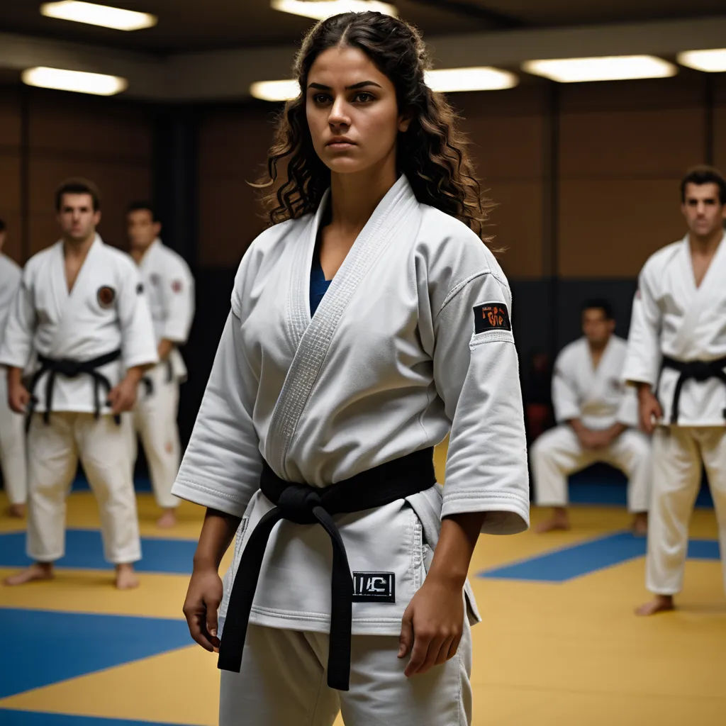 a woman standing in a karate ring with a group of people behind her watching her in the background and a man in the foreground, dau-al-set, a character portrait, Florence Engelbach, promotional image