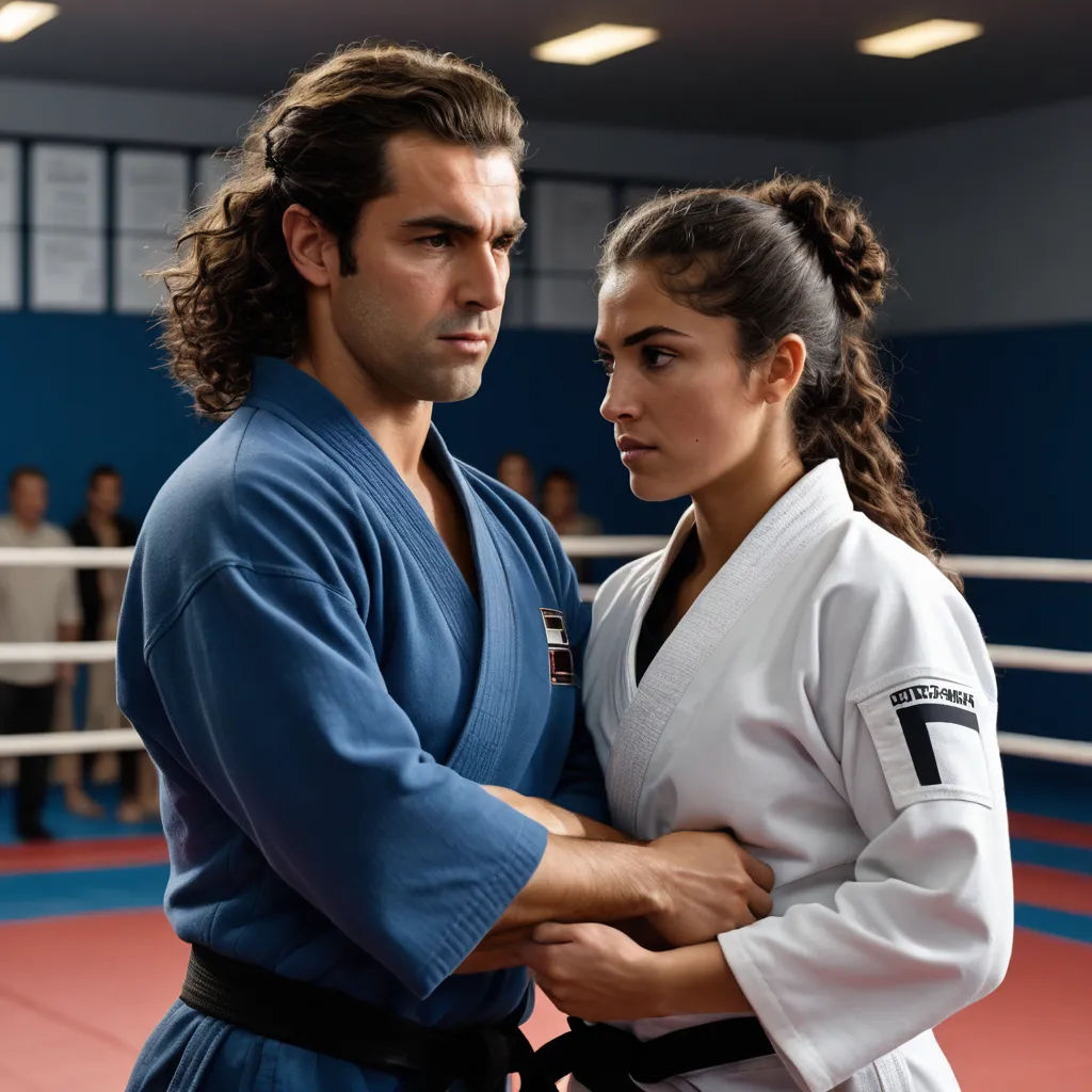 a man and woman in a karate pose in a gym with a crowd watching them from the stands behind them, dau-al-set, a poster, Fabien Charuau, promotional image
