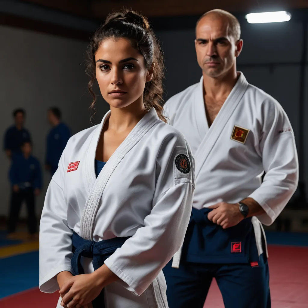a man and a woman standing in a gym with a black belt on their waist and a white belt on their waist, dau-al-set, a character portrait, Ayshia Taşkın, promotional image