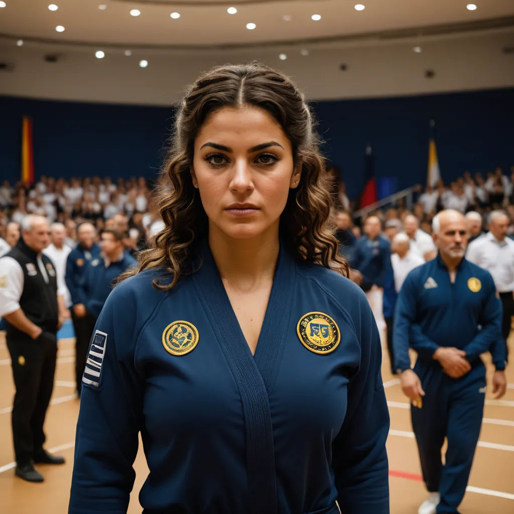 a woman in a blue uniform stands in front of a crowd of people in a gym area with a blue wall, arabesque, a character portrait, Eva Gonzalès, promotional image