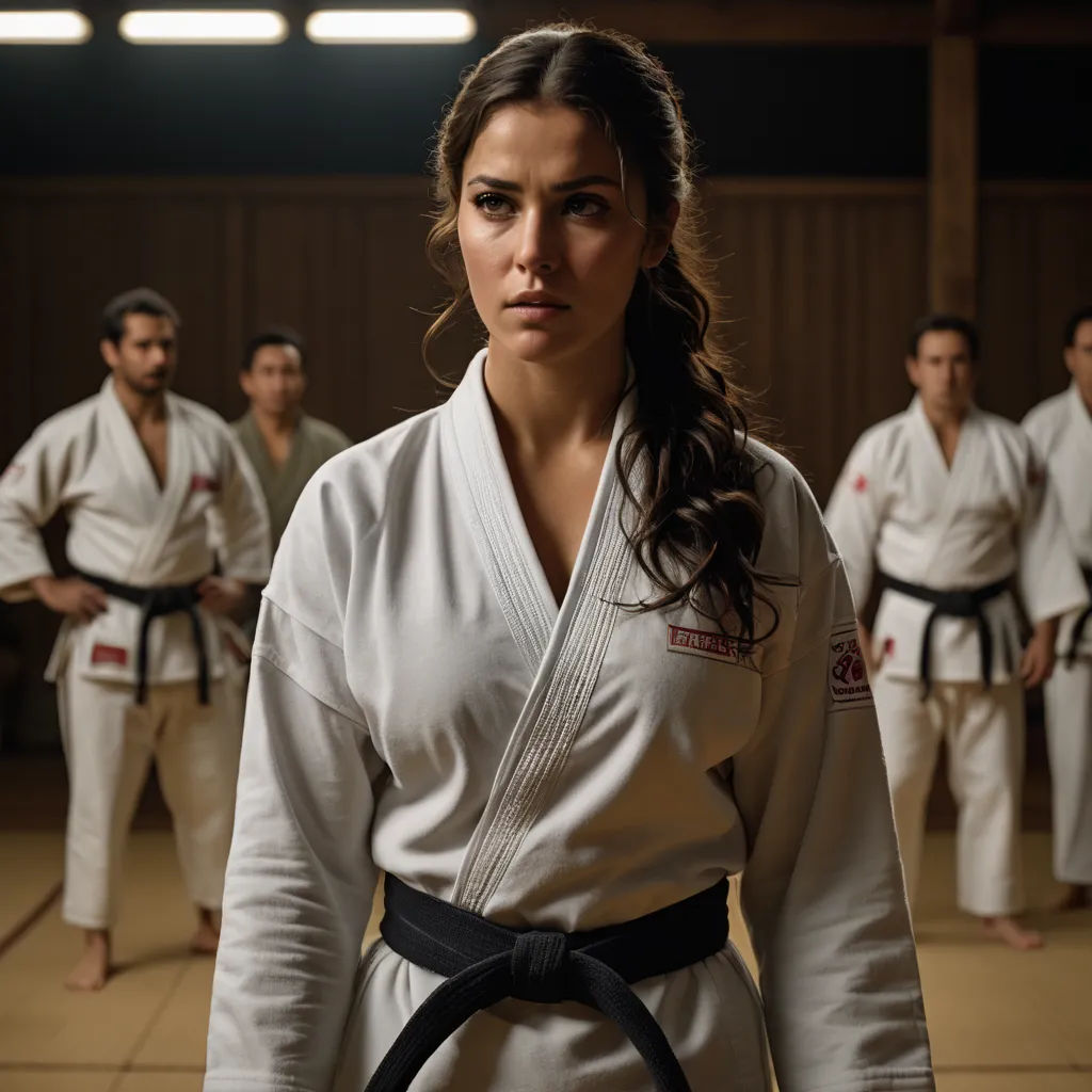 a woman in a kimono standing in a karate class with others in the background looking on and holding a black belt, tachisme, a character portrait, Araceli Gilbert, promotional image