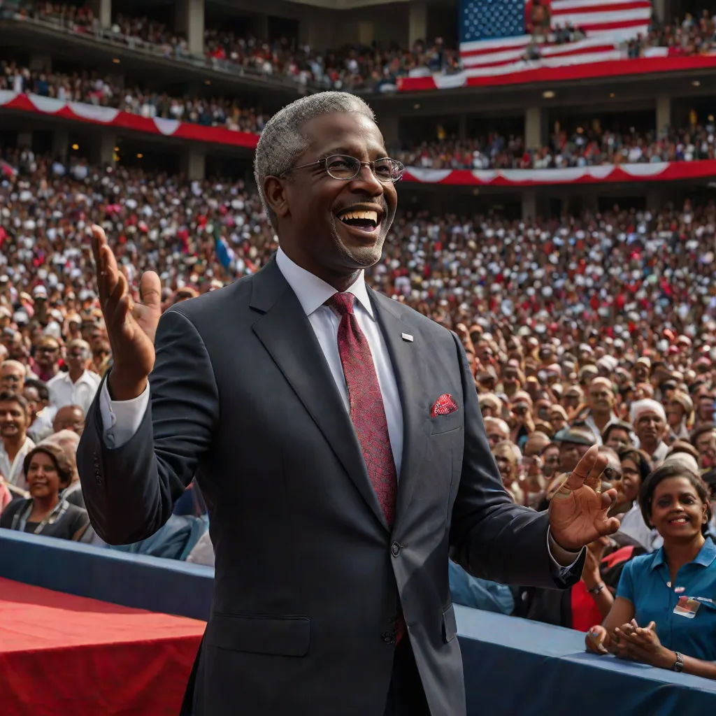 a man in a suit and tie standing in front of a crowd of people at a stadium with his hands up, regionalism, a photo, Eric Taylor, promotional image