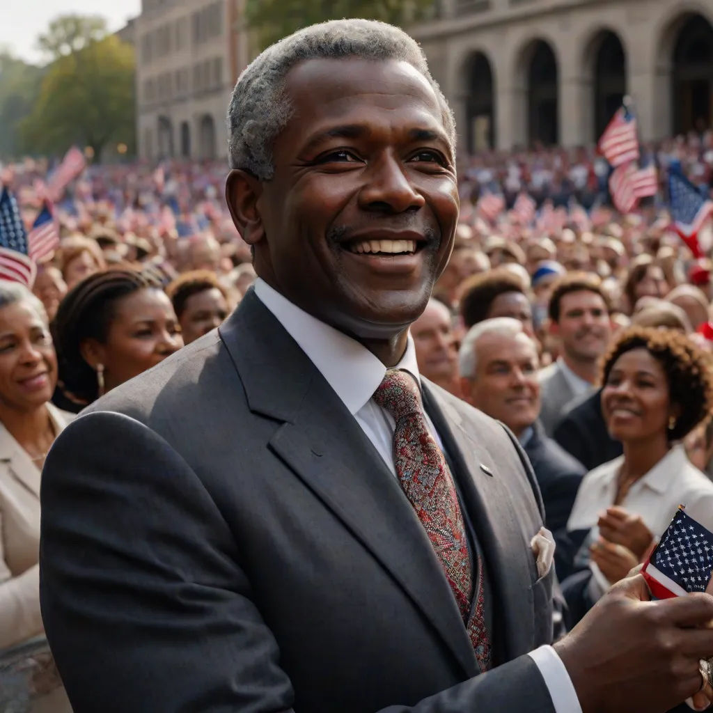 a man in a suit and tie holding a flag in front of a crowd of people in a city, neoism, a poster, David Garner, promotional image