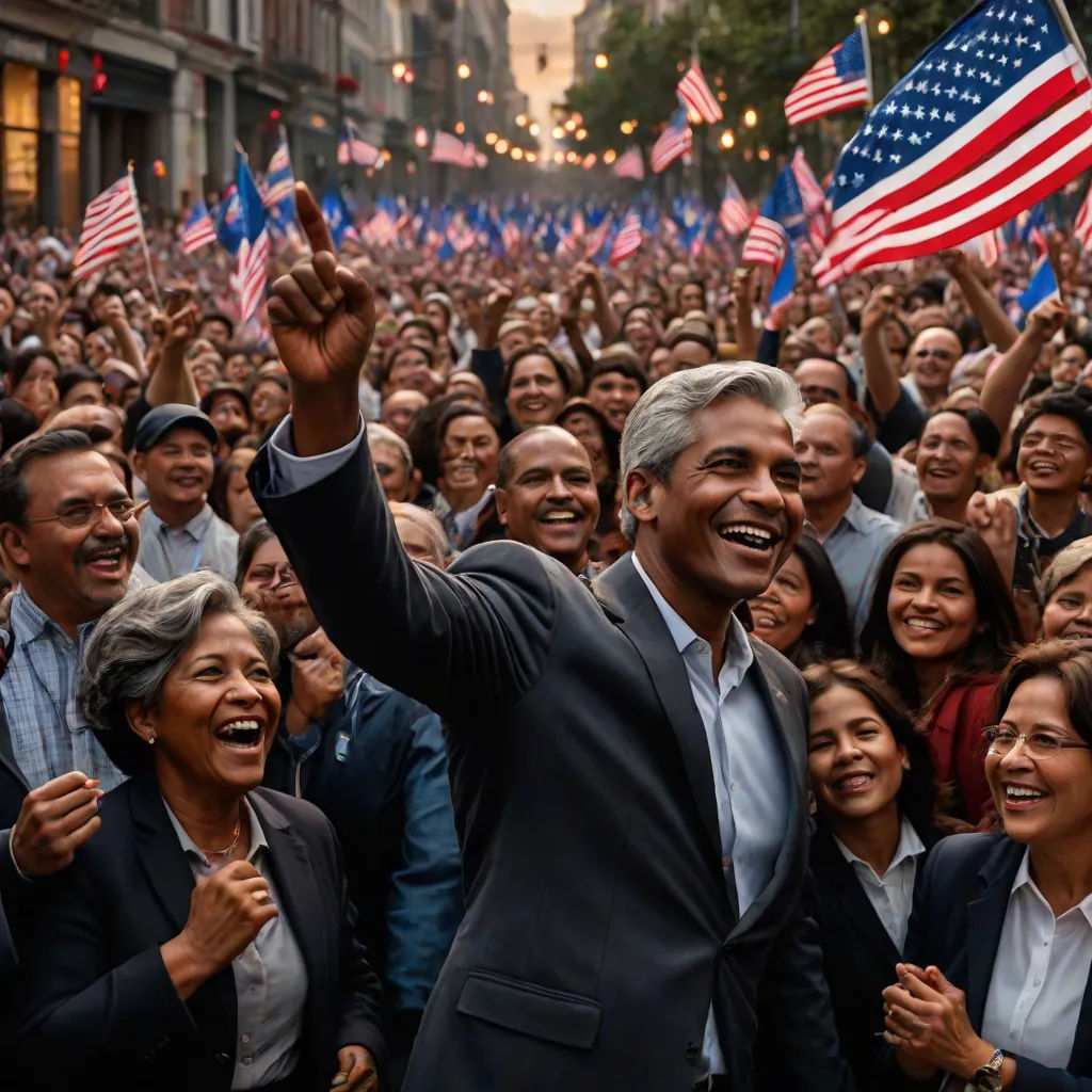 a man in a suit and tie is surrounded by a crowd of people holding american flags and waving at the camera, neoism, a poster, Eddie Mendoza, vfx