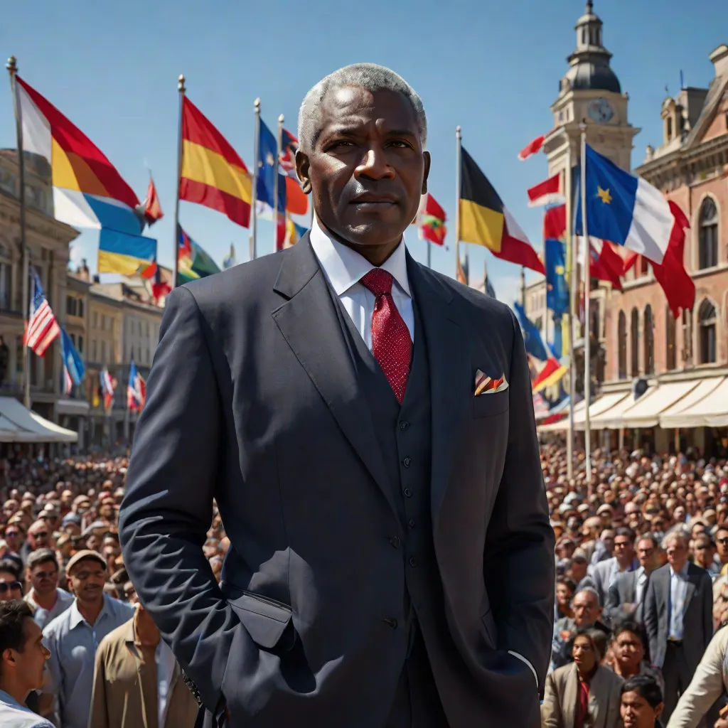a man in a suit standing in front of a crowd of people in a city square with flags in the background, socialist realism, a poster, Esaias Boursse, promotional image