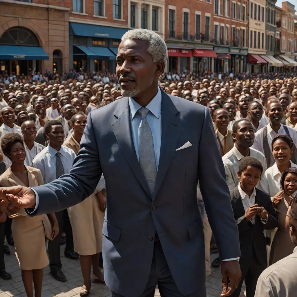 a man in a suit and tie standing in front of a crowd of people in a city square with a building in the background, afrofuturism, a poster, Allan Brooks, vfx