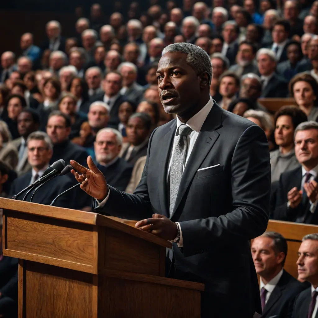 a man standing at a podium in front of a crowd of people in suits and ties, speaking into a microphone, institutional critique, a poster, David Budd, movie still