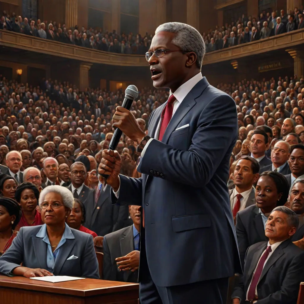 a man in a suit speaking into a microphone in front of a crowd of people in a courtroom with a speaker, photorealism, a hyperrealistic painting, Allan Brooks, highly detailed digital painting