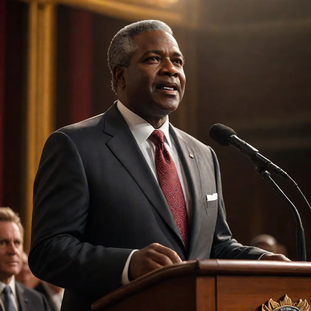 a man in a suit and tie standing at a podium with a microphone in front of him and another man in the background, american realism, a poster, Derek Hill, promotional image
