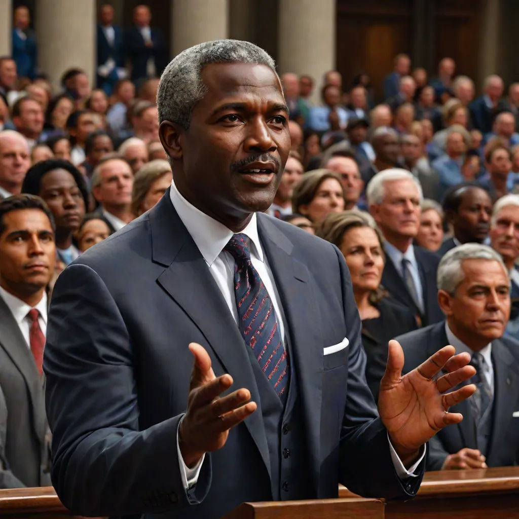 a man in a suit and tie standing in front of a crowd of people in a courtroom with his hands out, institutional critique, a colorized photo, Derold Page, movie still