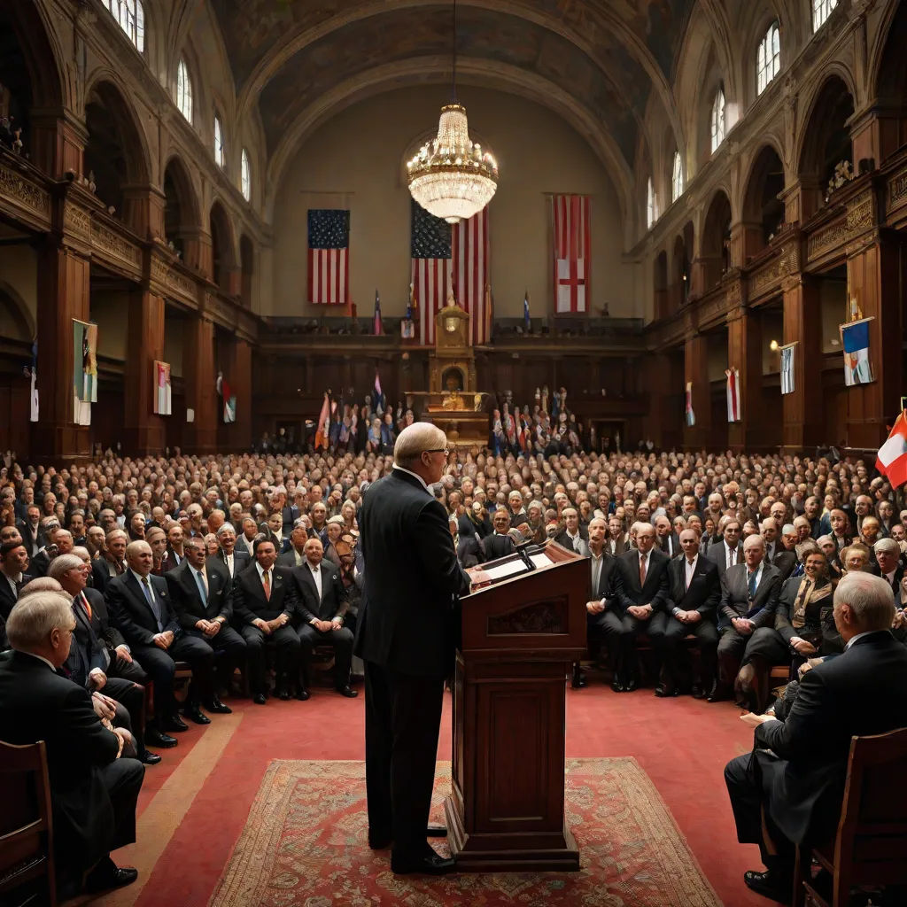 a man standing at a podium in front of a crowd of people in suits and ties in a large building, institutional critique, a tilt shift photo, De Hirsh Margules, award-winning photograph