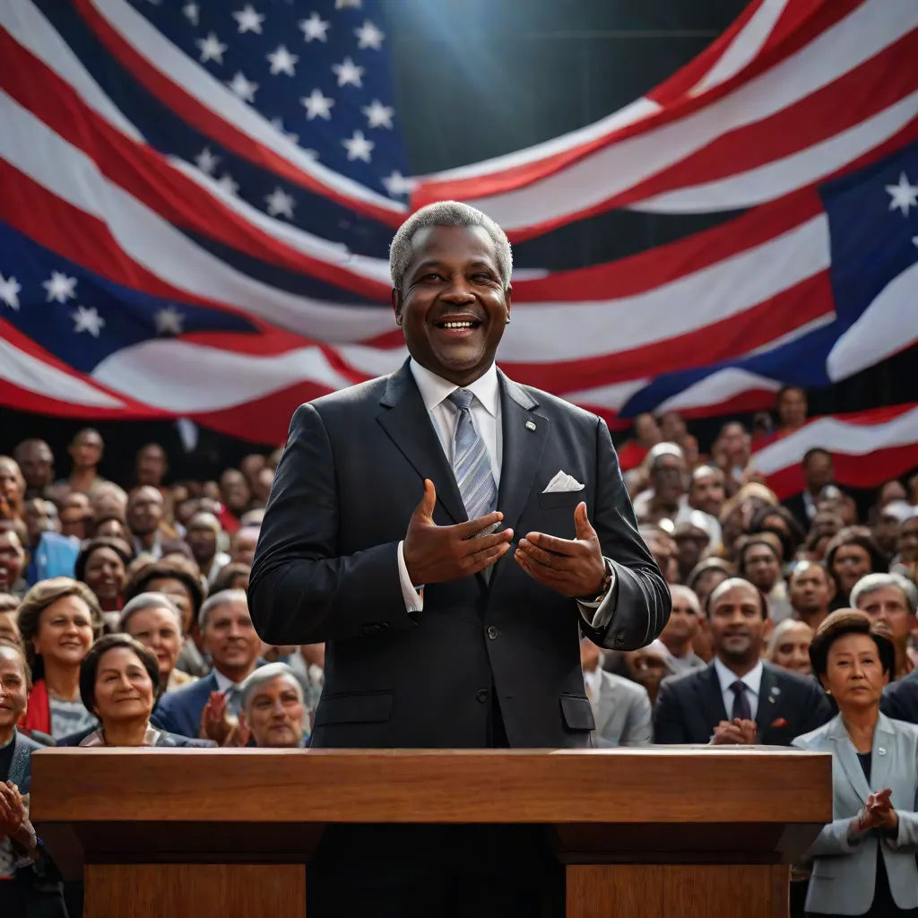 a man standing at a podium in front of a crowd of people with an american flag behind him and a microphone in front of him, american realism, a poster, Eric Taylor, promotional image