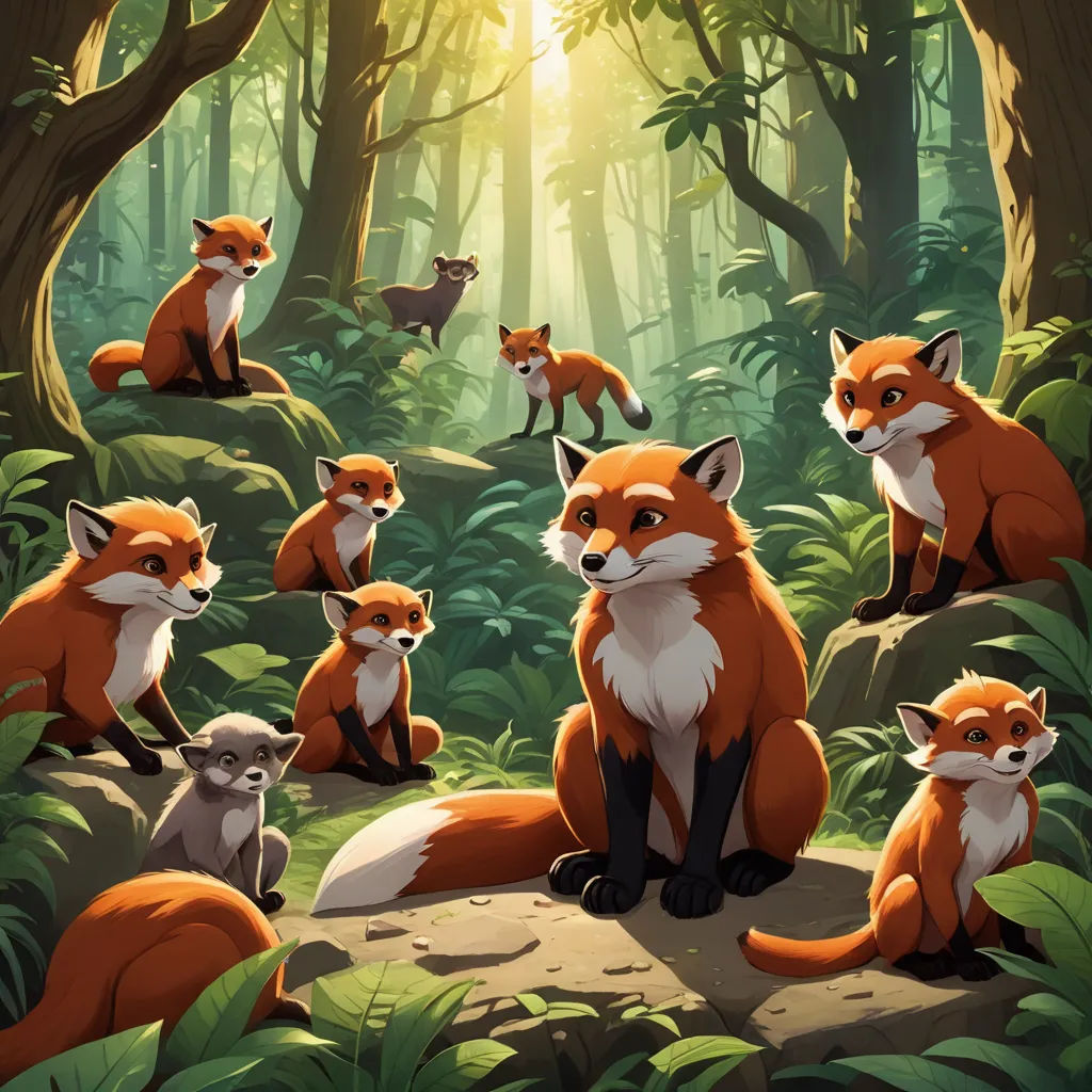 a group of foxes in a forest with sunlight shining through the trees and leaves on the ground, with a baby fox sitting in the foreground, furry art, a storybook illustration, Dan Mumford, official art