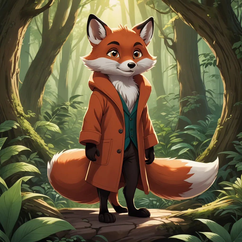 a fox in a red coat stands in a forest with a path leading to it and looks into the distance, furry art, a character portrait, Aaron Jasinski, official art