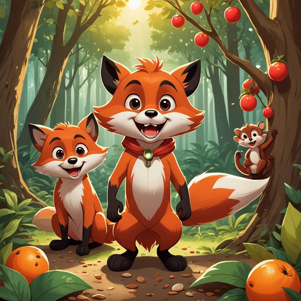 a fox and two other animals in a forest with apples and berries on the tree branches and a sun shining through the trees, sots art, a storybook illustration, Cliff Childs, official art
